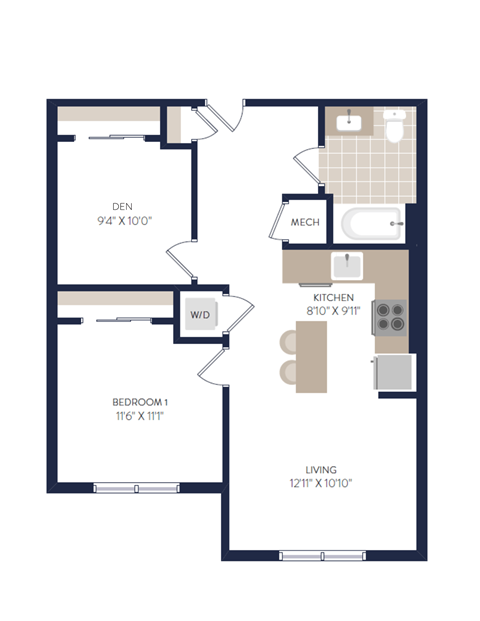 Floor plan for 2 beds, 1 bath, 730 sqft
